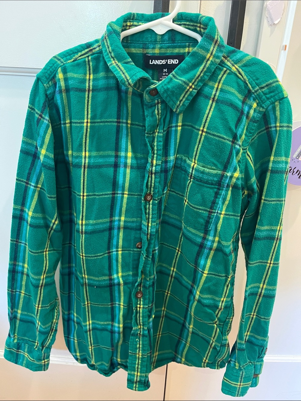 Lands' End Teal and Yellow Plaid Flannel Shirt